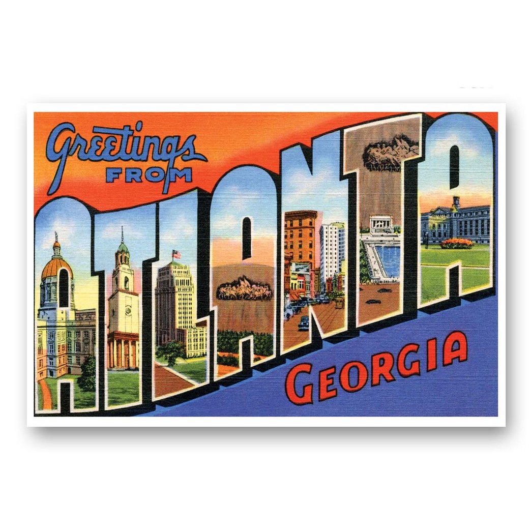 GREETINGS FROM ATLANTA, GA vintage reprint postcard set of 20 identical postcards. Large Letter Atlanta, Georgia city name post card pack (ca. 1930's-1940's). Made in USA.