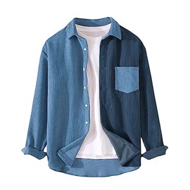 Lucrosun Men's Regular Fit Corduroy Shirt Color Block Button Up Shacket Jacket (Blue-XL)