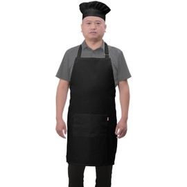 ALIPOBO Bib Aprons Set for Women and Men, Kitchen Chef Apron with 2 Pockets and 40" Long Ties, Plus Size Adjustable Apron and Hat for Cooking - 32" x 28"