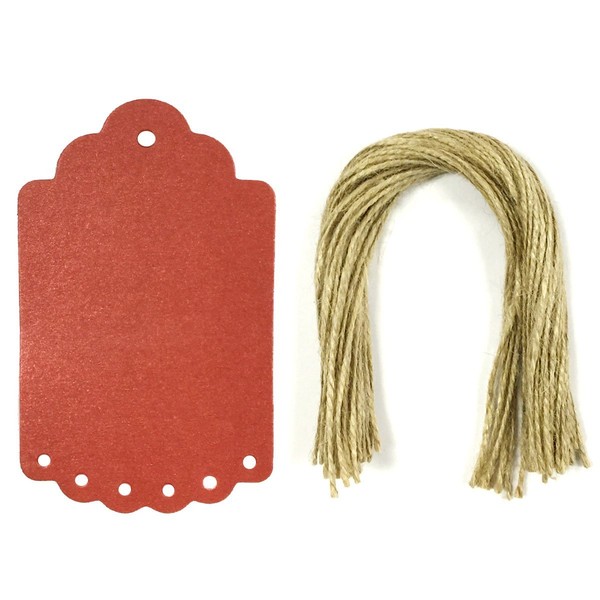 Wrapables 50 Gift Tags/Kraft Hang Tags with Free Cut Strings for Gifts, Crafts & Price Tags, Large Scalloped Edge (Shimmer Red)