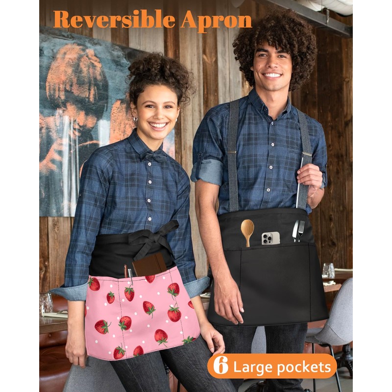 Slohif Reversible Server Apron with 6 Pockets - Waist Apron