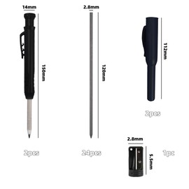 ANBOO Carpenter's Pencils Set, 2 Solid Carpenter's Pencils with 24 Pencil Leads, Deep Hole Marker Pencil with Built-in Sharpener for Drill Hole Markers on Wood, Metal, Concrete Tiles (Black)