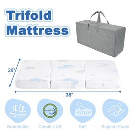 Trifold Pack and Play Mattress, 38"x26" Breathable Pack n Play Mattresses Pad, Dual-Sided Memory Foam & High Density Foam Baby Toddler Mattress for Pack n Play, Removable Jacquard Cover & Travel Bag