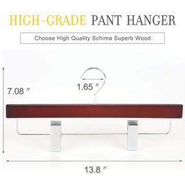 TOPIA HANGER Pants Hangers, Deluxe Cherry Wood Hangers with Premium Metal Clips and 360° Swivel Anti-Rust Flat Hook, 20-Pack Boutique Hangers for Skirts, Trousers, Jeans,Slacks-CT03M