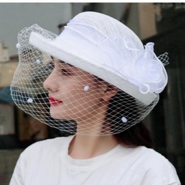 Women's Elegant Summer Mesh Veil Fascinator Hat Vintage Flower Trim Roll Brim Sun Hats Lightweight Linen Style Ladies Church Wedding Races Bowler Hat (UK, Alpha, One Size, White)