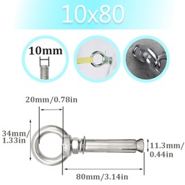 Ruidee Pack of 2 Stainless Steel Eye Bolts Anchor M10 x 80 mm Expansion Screw with Ring Extension Bolt Eye Bolt Expansion Screw for Concrete and Masonry Buildings (PZ-LS/M10 x 80 mm)