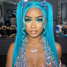 Best Wig Lace Front Wigs for Women Long Straight Beauty Colorful Realistic Synthetic Wigs with Natural Hairline Pastel Color Soft Glueless Heat Resistant Fiber Hair Cosplay Party Daily 24 inches (24, Sky Blue Synthetic Wig)