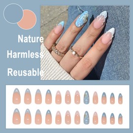 Ceboic Pack of 24 Blue French Stick-On Nails, Almond Medium Length Press On Nails Acrylic Artificial Nails, Ballerina Glossy Stick-on Fingernails for Women and Girls - Shells & Waves