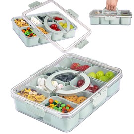 U-QE Dishwasher Safe Snackle Box Container with 8 Small Snacks Box - Premium Sage Green Plastic Divided Serving Tray with Lid and Handle for Snack, Fruits, Perfect for Party, Picnic, Entertaining