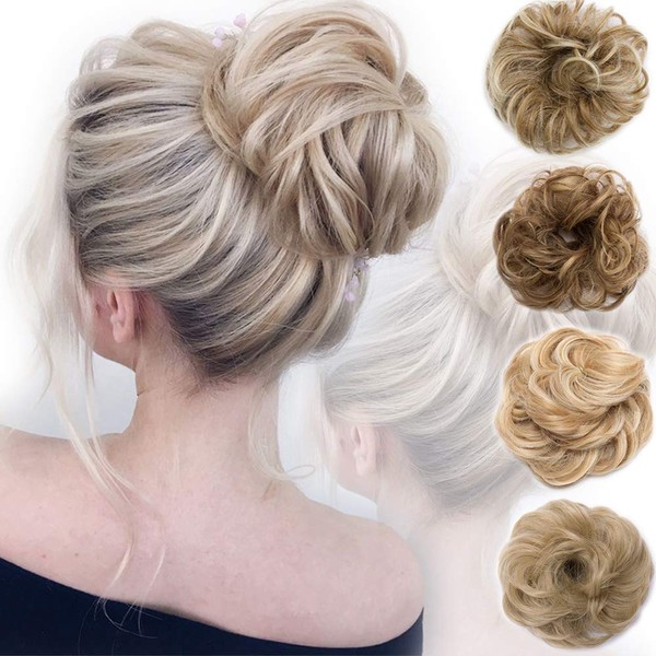 Messy Bun Hair Piece Scrunchy Updo Hair Pieces for Women Fluffy Wavy Hair Bun Scrunchies Donut Hairpiece Synthetic Chignons With Elastic Rubber Band Dark Blonde & Ash Blonde 1 pc