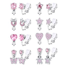 CASSIECA 8 Pairs of Clip-On Earrings for Girls, Children's No Piercings, Flowers, Butterflies, Cat Paws, Stars, Heart, Hypoallergenic Earrings, Zircon, Girls Fancy Dress Jewellery, Rubber, Zircon