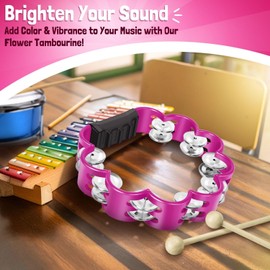 Flexzion Flower Tambourine - 8 Inch Handheld Percussion Instrument w/Metal Jingles & Ergonomic Grip - Small Tambourines for Adults, Kids, Church, Parties, & Musical Events (Pink)