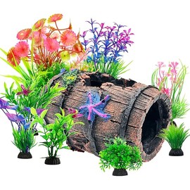 CousDUoBe Fish Broken Barrel Decor Fish Tank Decorations Betta Fish Tank Accessories,Starfish Barrel x 1pc, Fish Tank Plants x 8pcs