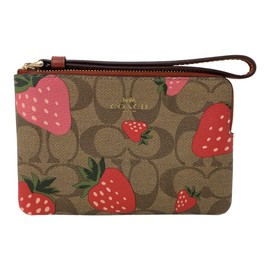 Coach Signature Corner Zip Wristlet with Strawberry Print Khaki Style No. CH166