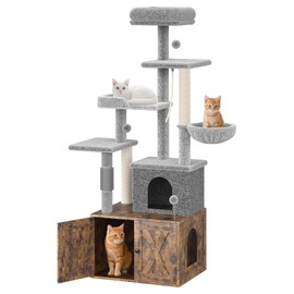 Cat Tree with Litter Box Enclosure, Hidden Cat Washroom Furniture,All-in-one Indoor Kitten House w/Scratching Posts, Multiple Platform and Condo, Modern Style Cat Tower, Hammock, Rustic Brown