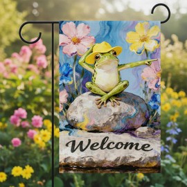 Welcome Garden Flag Double Sided, Friendly Frog with Hat Yard Flag, Colorful Welcome Banner Outdoor Decor for Porch, 12x18 Inch, Pole Not Included