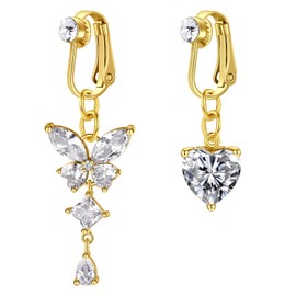 vcmart Fake Belly Button Piercing Rings Gold False Piercing Belly Button with Pendant Faux Belly Piercing Clip On Pack of 2, Stainless Steel