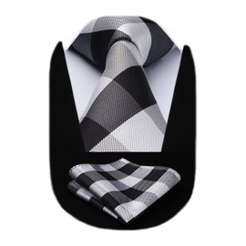 HISDERN Black Ties for Men Ties with Pocket Square Set Formal Casual Black White Plaid Necktie Light Grey Men’s Neckties Handkerchief for Wedding