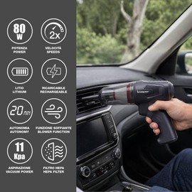 BEPER P202ASP410 Mini Aspiratore e Soffiatore Brushless 2 in 1, 80W, 11000 PA, Ricaricabile USB-C, Filtro HEPA Lavabile, 6 Accessori, per Auto