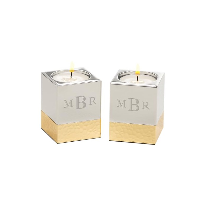 Personalization Universe Monogram Engraved Silver & Gold Hammered Metal Candle