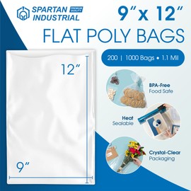 Spartan Industrial - 9" X 12" Open-End Flat Bags (1000 Count) 1.1 Mil Clear Poly Bags for Clothing, Art, Journal Packaging (Do Not Have Seal and Do Not Have Prints)