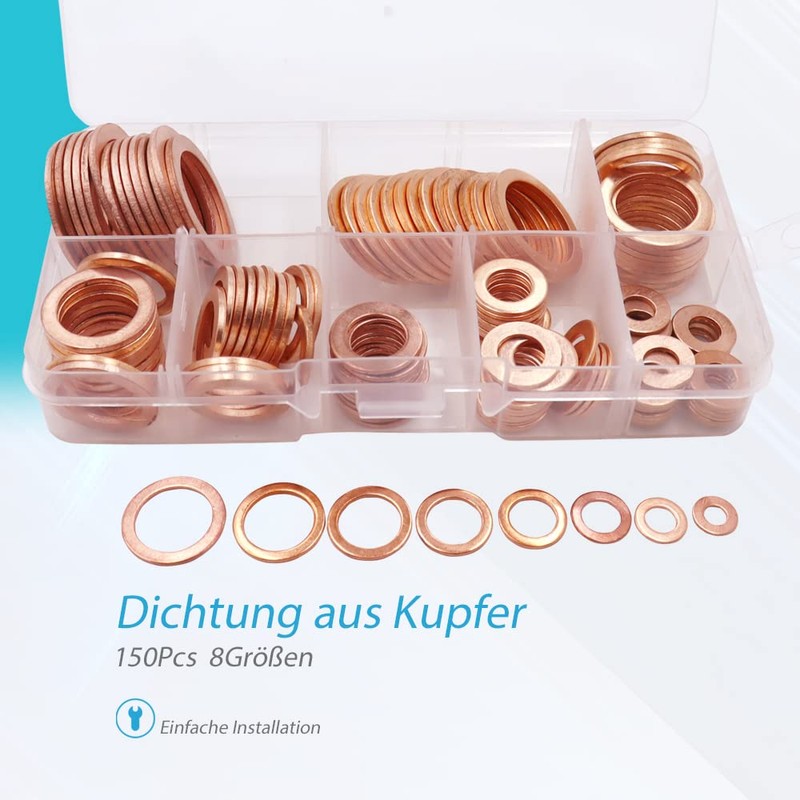 KUBOWAI 150-Piece M6-M20 Copper Seal Assortment Set, Copper Flat Seal,