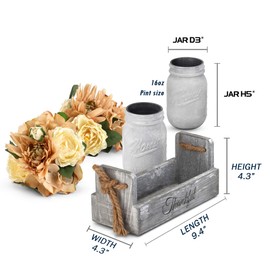 Besuerte Decorative Mason Jar Centerpiece, Rustic Wood Tray Home Decor with 2 Mason Jars,Rose Bouquet Flowers for Dining Room,Living Room,Kitchen,Office,Coffee Table,Utensils Holder, White