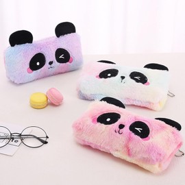 BetterJonny Set of 2 Plush Pencil Cases, Cute Rainbow Pencil Case Cuddly Pencil Case for Girls Plush Pencil Case with Cute Panda Pattern