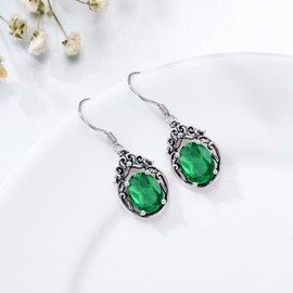 Althum 925 Sterling Silver 7 x 9 mm Oval Garnet Amethyst Emerald with Vintage Filigree Earrings for Women, Sterling Silver, Emerald