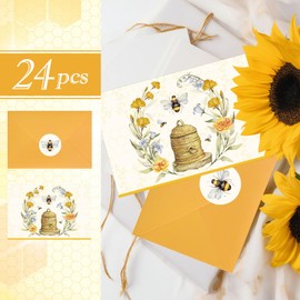 JarThenaAMCS 24 Pack Bee Thank You Cards with Envelopes and Stickers Watercolor Bee Flower Greeting Cards Blank Note Cards for Spring Summer Baby Shower Birthday Party Supplies, 4 x 6 Inch