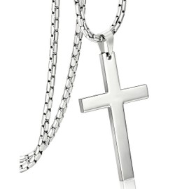 ORAZIO 3MM Stainless Steel Chain Cross Pendant Necklace for Men Silver Tone 22 Inches