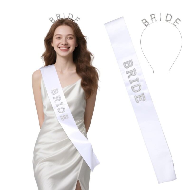 Bride Sash White Pearls Rhinestones Bride Sash with Headband Bachelor