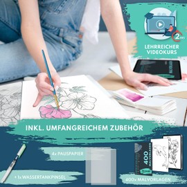 CreaTek Watercolour Paper A5 300 g incl. 2 hours video course, 40 sheets watercolour pad A5 +2 brushes +pencil +400 painting templates – for watercolour pens + brush pens, watercolour Paper A5, watercolour paper A5.
