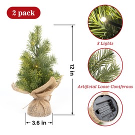 MINDELF Set of 2 Mini Christmas Tree, 12 in Pre-lit Tabletop Xmas Decorations with 8 Warm LED Lights, Battery Operated with Timer, Burlap Base Artificial Pine Tree for Indoor Desk Office Dorm