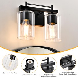 2-Light Vanity Lights for Bathroom: Black Modern Vanity Lights with Clear Glass Shade, Modern Bathroom Wall Lamp for Mirror