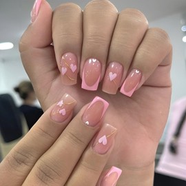 Square Heart Press on Nails Short Valentine's Day Fake Nails French Tips Design Glossy Full Cover Acrylic Medium False Nails Pink Heart Glue on Nails Stick on Nails for Women and Girls 24Pcs