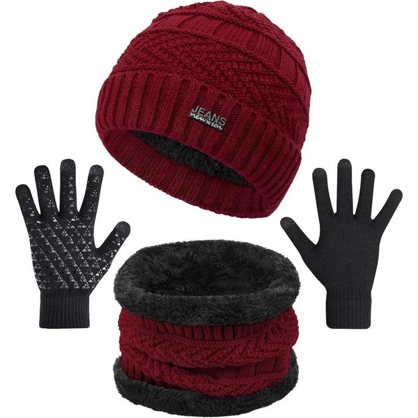 3-Pieces Winter Beanie Hats, Scarf and Touch Screen Gloves Set