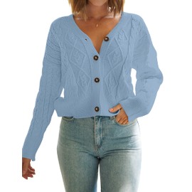 MEROKEETY Women's Long Sleeve Open Front Cable Knit Crop Cardigans V Neck Button Sweaters with Pockets, Blue, M