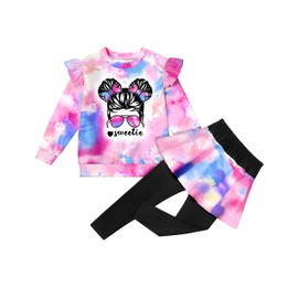 Aulyffo 5t Girls Clothes 4t Girl Outfits 2 Piece Tie Dye Toddler Girl Clothes Ruffle Sleeve Graphic Print Tops + Skirted Leggings Kids Clothing Set Pink