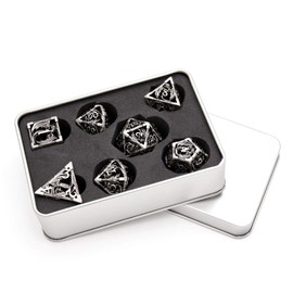 Hollow Metal DND Game Dice Dragon Shape Carved Antique Nickel 7Pcs Set for Dungeons and Dragons RPG MTG Table Games D&D Pathfinder Shadowrun and Math Teaching (with Metal Case)