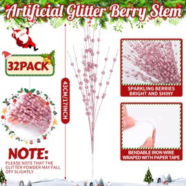 Palonu 32 Pcs Pink Artificial Glitter Berry Stems 17 Inch Fake Berry Branches Picks Decorative Glitter Sticks Christmas Tree Ornaments for DIY Xmas Wreath Crafts Gifts Holiday Home Décor