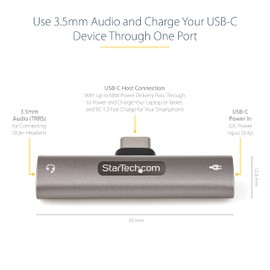 StarTech.com CDP235APDM USB Type-C Earphone Jack Converter Adapter/60W PD Simultaneous Charging/USB-C Audio Adapter/3.5mm TRRS Headphone & Headset Jack/Type-C Compatible Smartphones, Tablets, Laptops