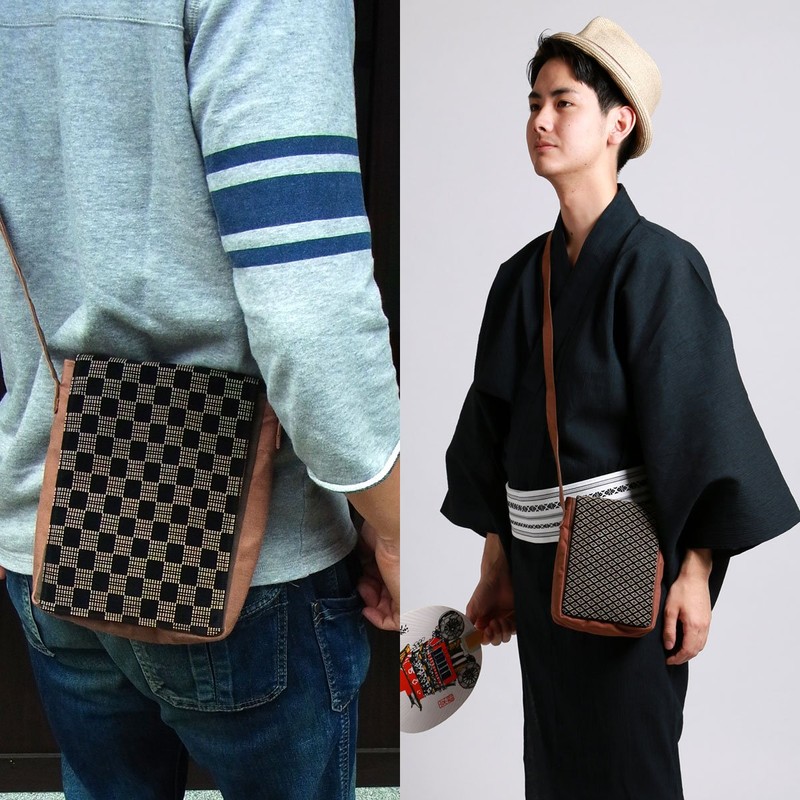 Men's Kimono Kato Shoten Shoulder Bag, Persimmon Shibuzome Inden Pattern,