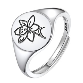 Silver Flower Ring for Women Birth Month December Dainty Daffodil Floral Stamped Round Signet Ring Adjustable Size 9