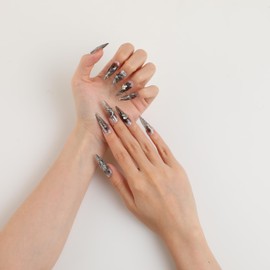 PRESSIFY Gray Handmade Press-On Nails, Smoky Gray Base with Shimmering Stardust Designs & Crystal Accents, Star Motifs, Stiletto Shape Nails/Come with Glue Tabs / 10 pcs.(Medium)