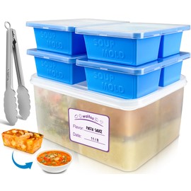 Walfos 1 Cup Silicone Freezer Tray with Lid,Soup Freezer Molds 4 Packs,Bin and Tongs,BPA Free Silicone Soup Freezer Container,Perfect For Storing and Freezing Soup,Broth,Sauce,with 12 Removable Labels