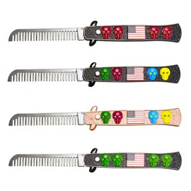 SHARP CASTLE Gothic Skull & Patriotic Spring Comb - Foldable Stainless Steel 2-in-1 Hair & Beard Care Set with American Flag Design, Portable Travel Essentials for All Hair Types（JPK01BK.4C）