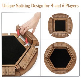 Shut The Box Game for 1-6 Players, Plusvivo Large Round Wooden Board Dice Game with 14 Dice for Adults, 6 Way Clever Math Game for Home Classroom or Pub