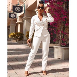 Dmoled Women's Business Blazer Suit Long Sleeves Two Piece Solid Work Pant Suit Business Office Lady Suits Sets White