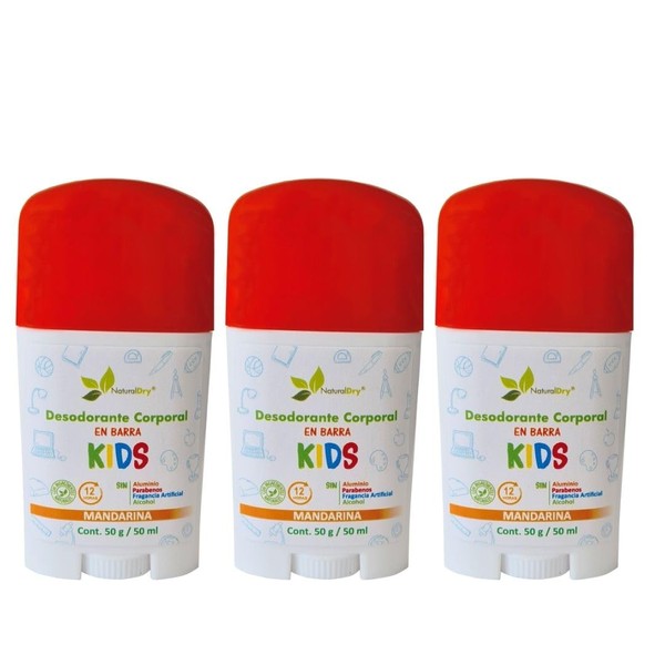 NaturalDry® 3 Kids Pack de desodorante infantil unisex Natural para niños - No obstruye los poros - Elimina el mal olor - con aceite esencial Mandarina - Barra